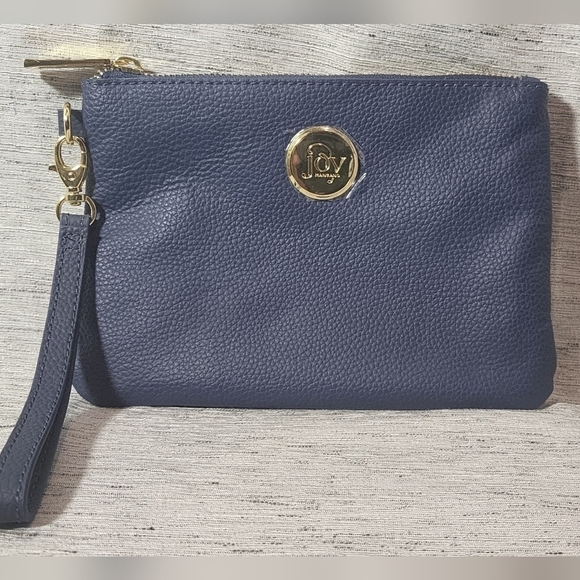 Joy Mangano 8 x 6 Navy Blue Leather Wristlet - Picture 1 of 8